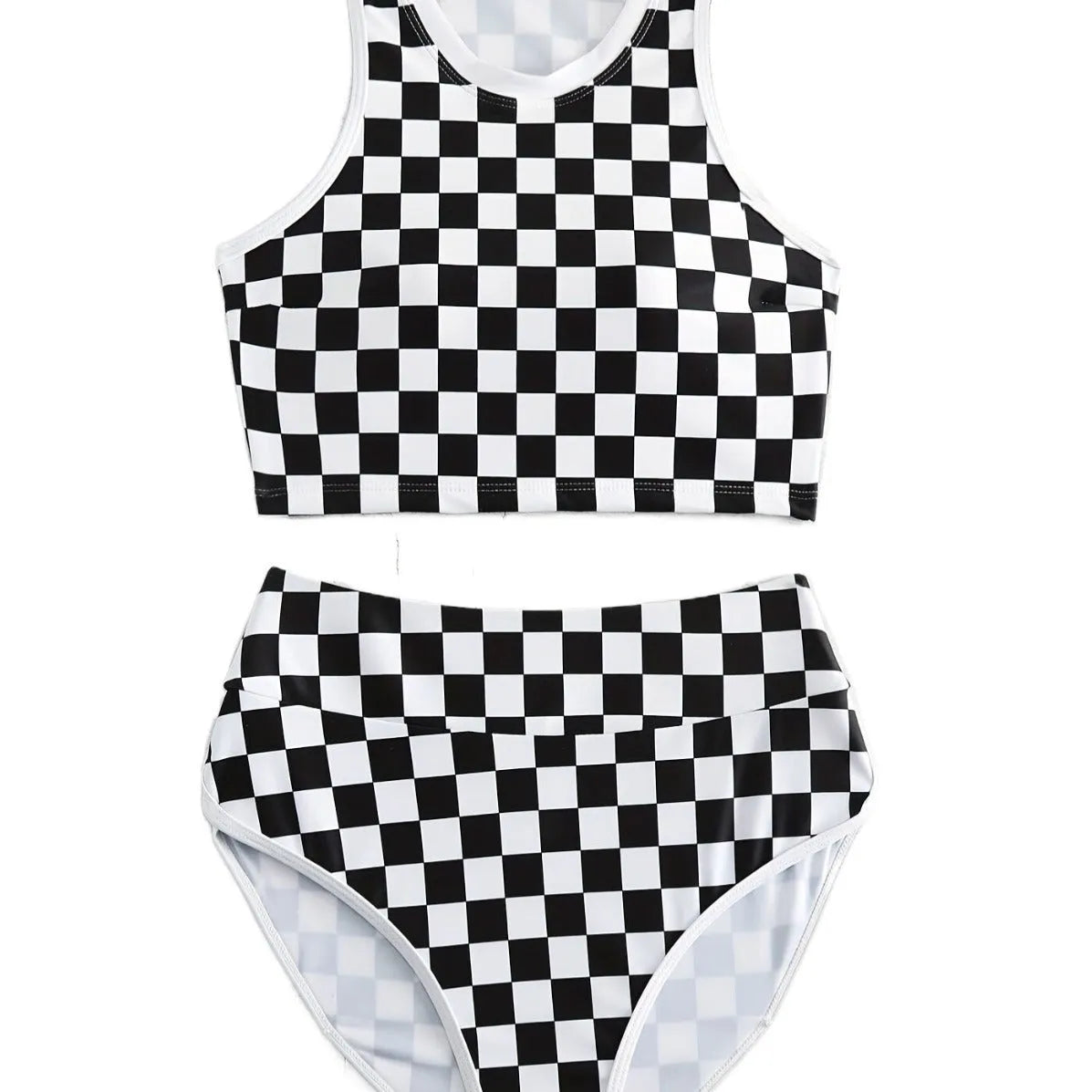 Checkered racing one-piece swimsuit with backless design and suspender straps