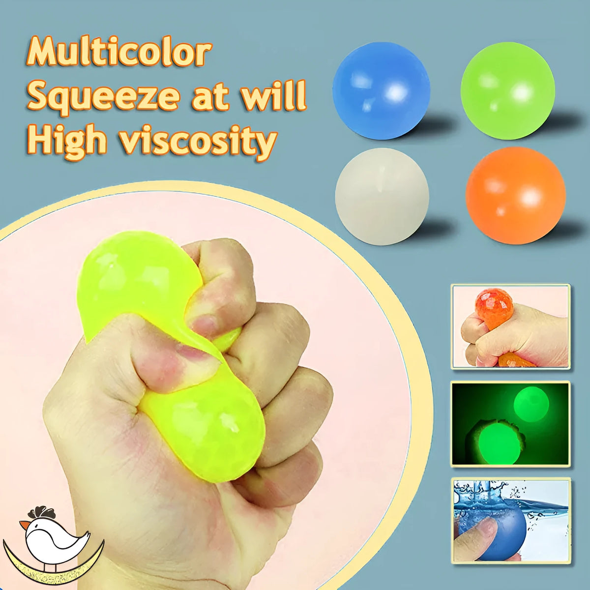 Luminous sticky ball toy in green colour glowing on a dark background, 4.5cm TPR squeeze ball for children