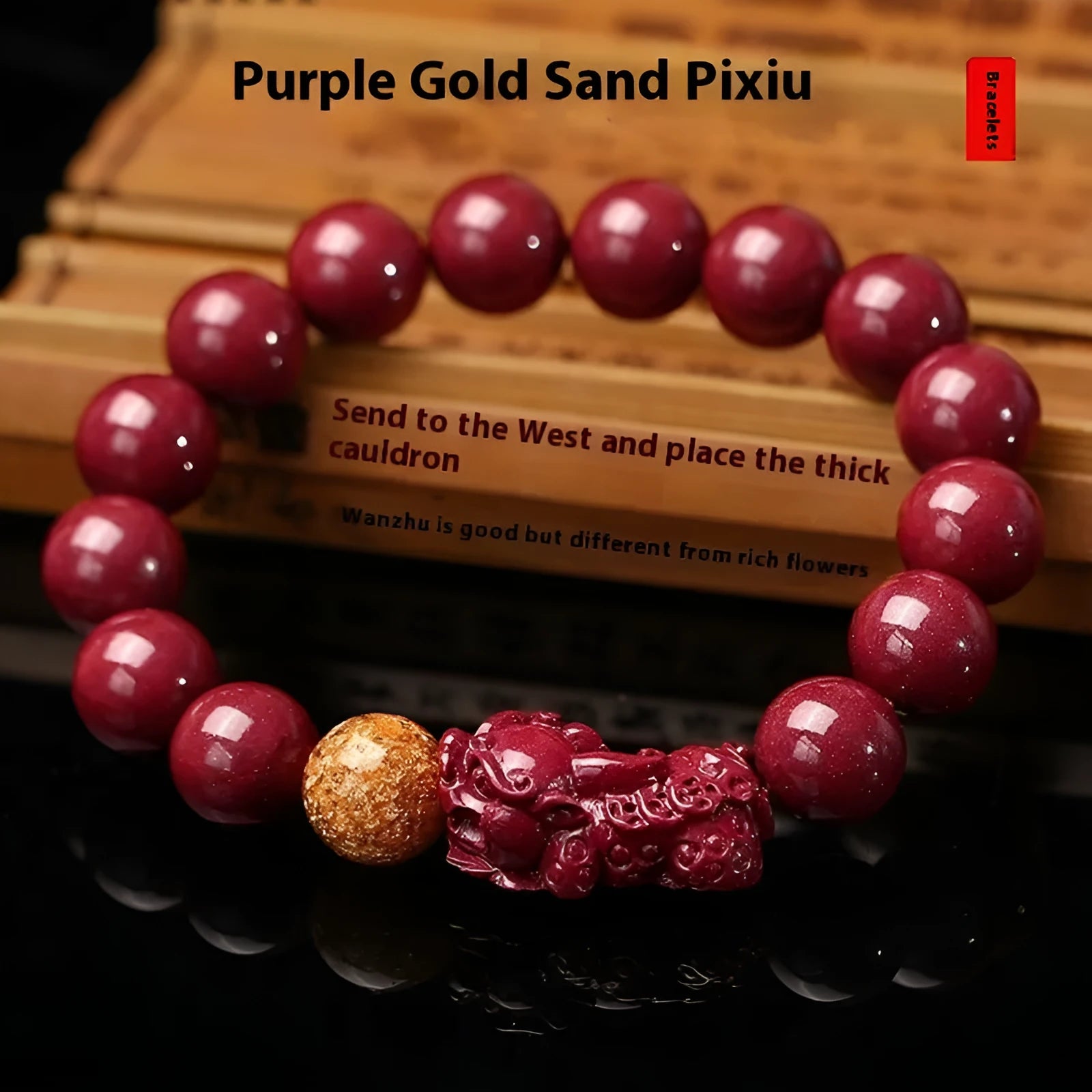 Purple gold sandstone cinnabar bracelet with totem design showing polished beads in three size options