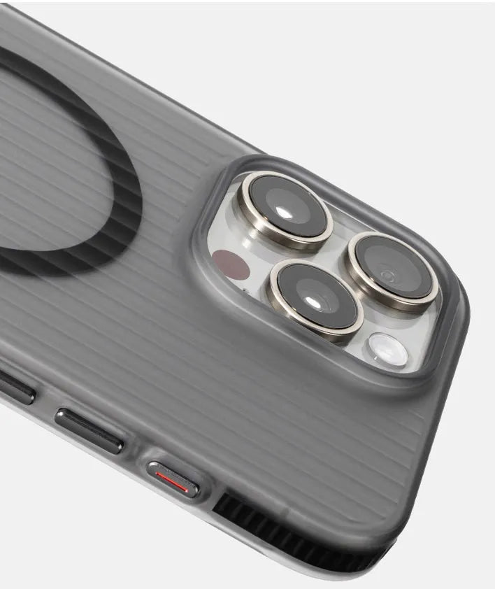 Transparent black magnetic phone case with striped anti-slip bar for iPhone 13, 14, 15 models.