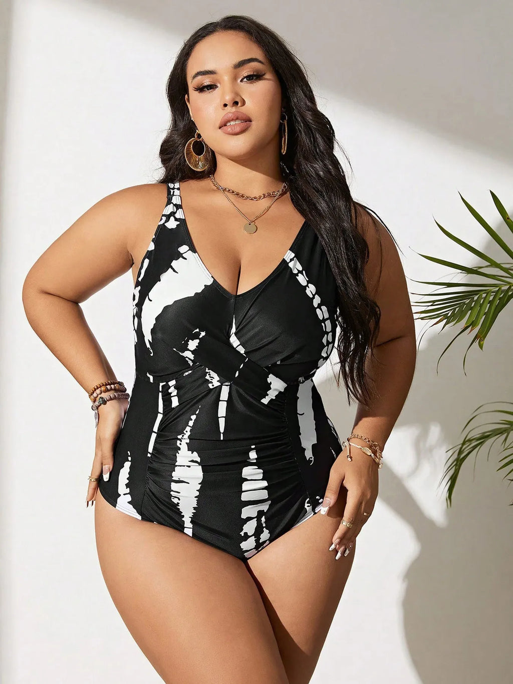 Black one-piece swimsuit with Siamese pattern in extended sizes from 0XL to 5XL