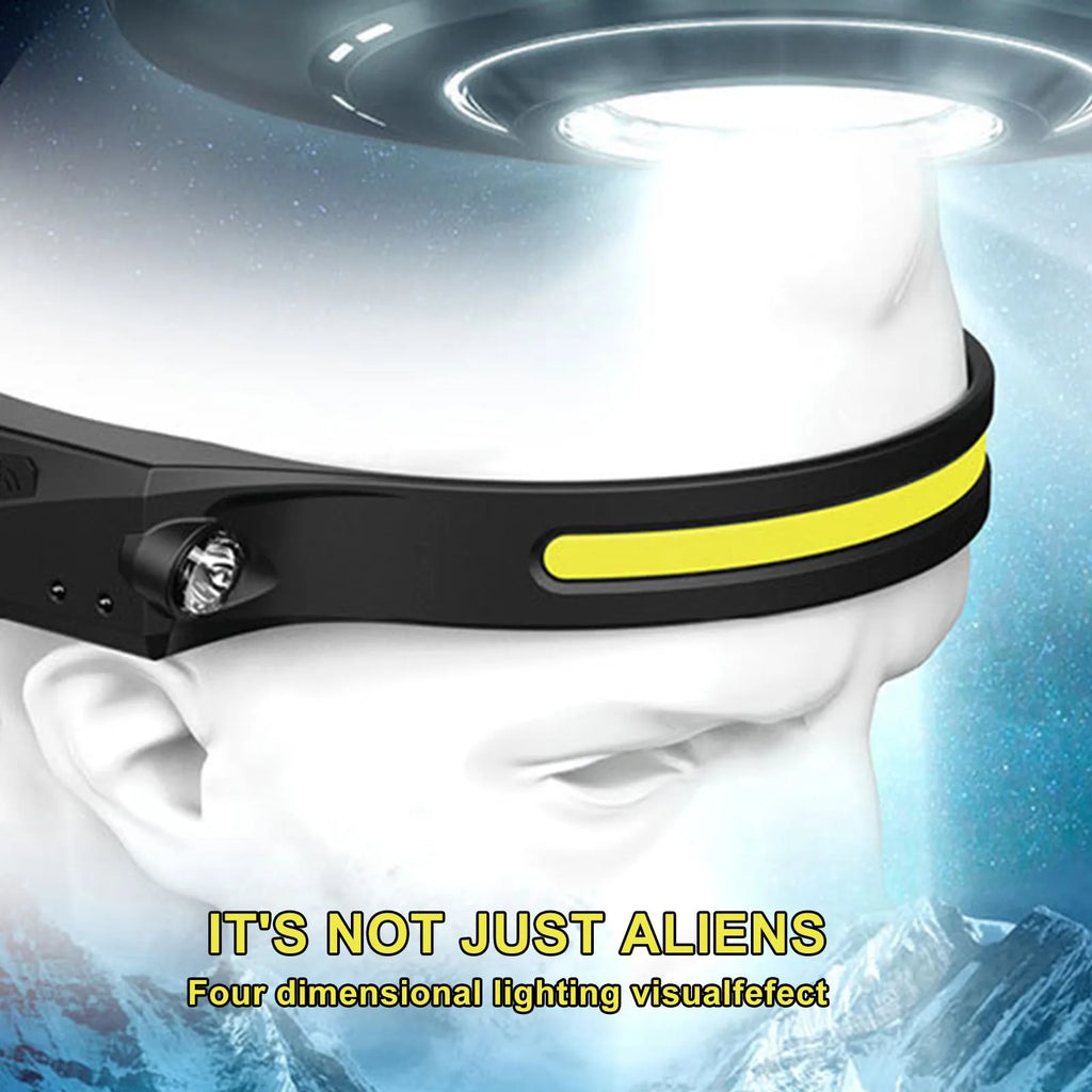 Black silicone USB rechargeable LED headlamp with wide beam and separate spotlight on adjustable strap.