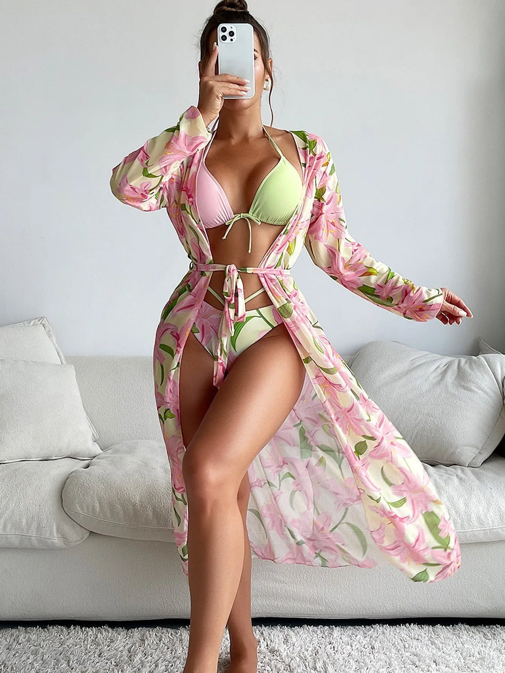 Women's printed bikini swimsuit on a hanger showing front design.