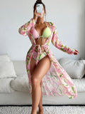 Women's printed bikini swimsuit on a hanger showing front design.