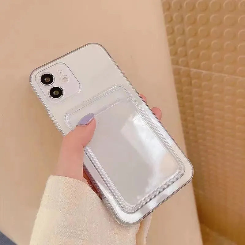 Clear transparent phone case for Apple iPhone with a built-in card wallet pocket on the back.