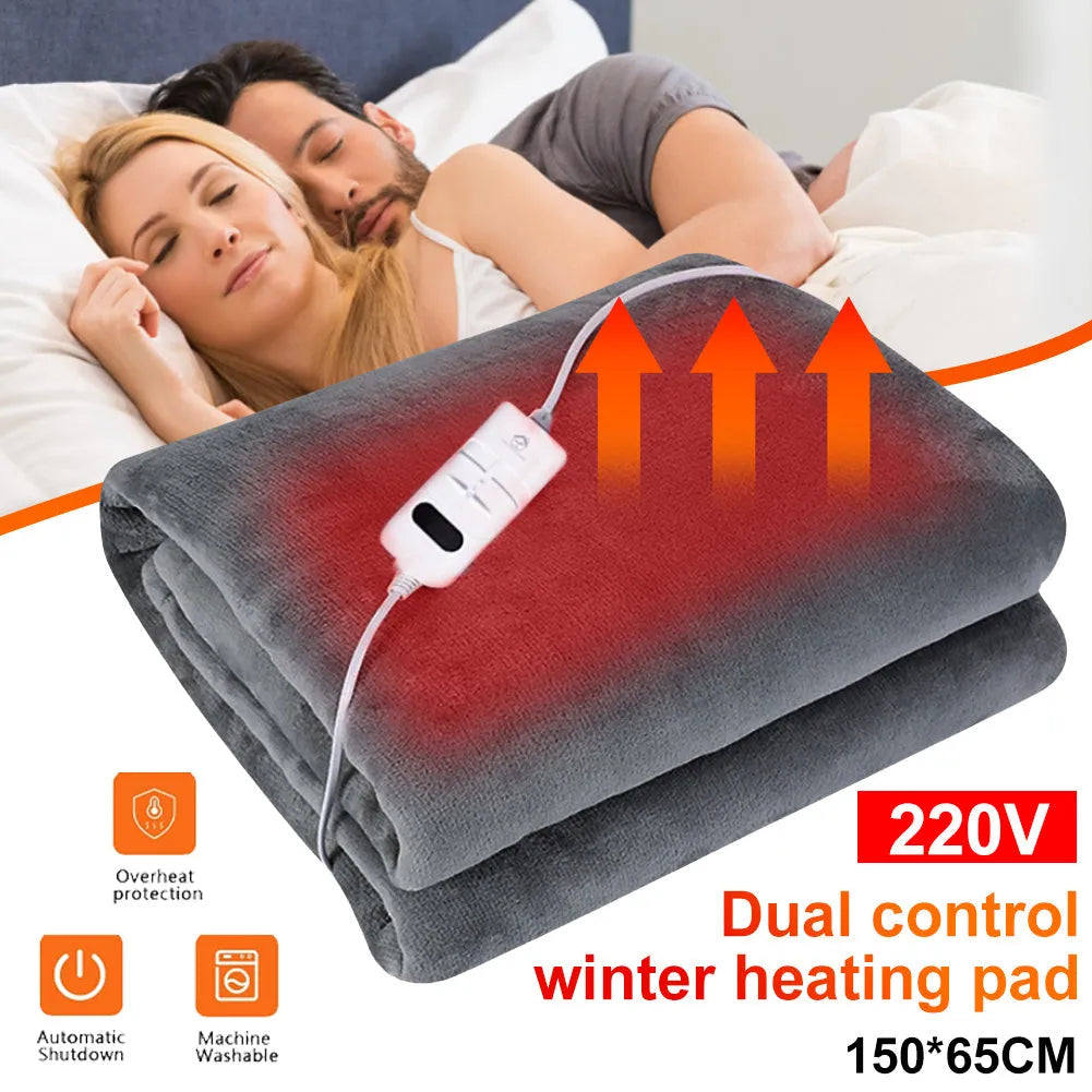 Tweed electric heating blanket in solid grey colour on a bed