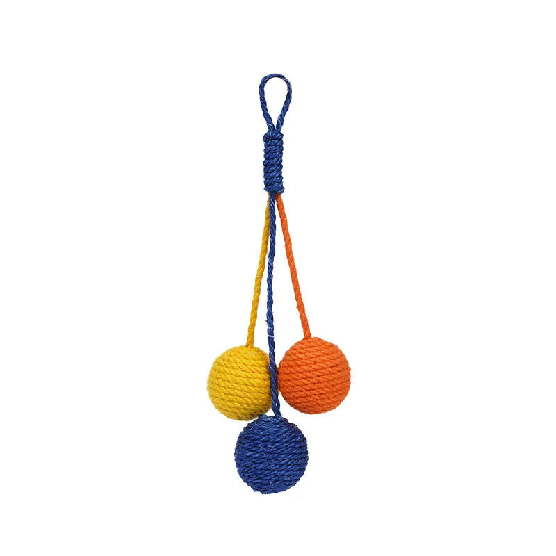 Four-piece cat toy set showing teaser stick and coloured, bite-resistant catnip balls.