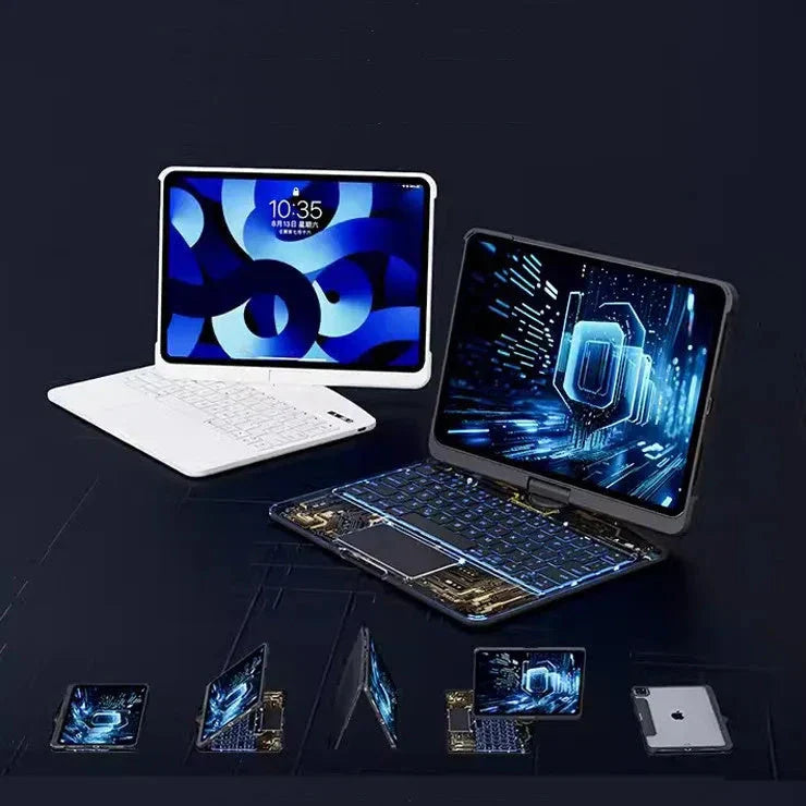 Versatile 360-degree swivel keyboard case with transparent backplate, scissor-style keys, and integrated trackpad for iPad