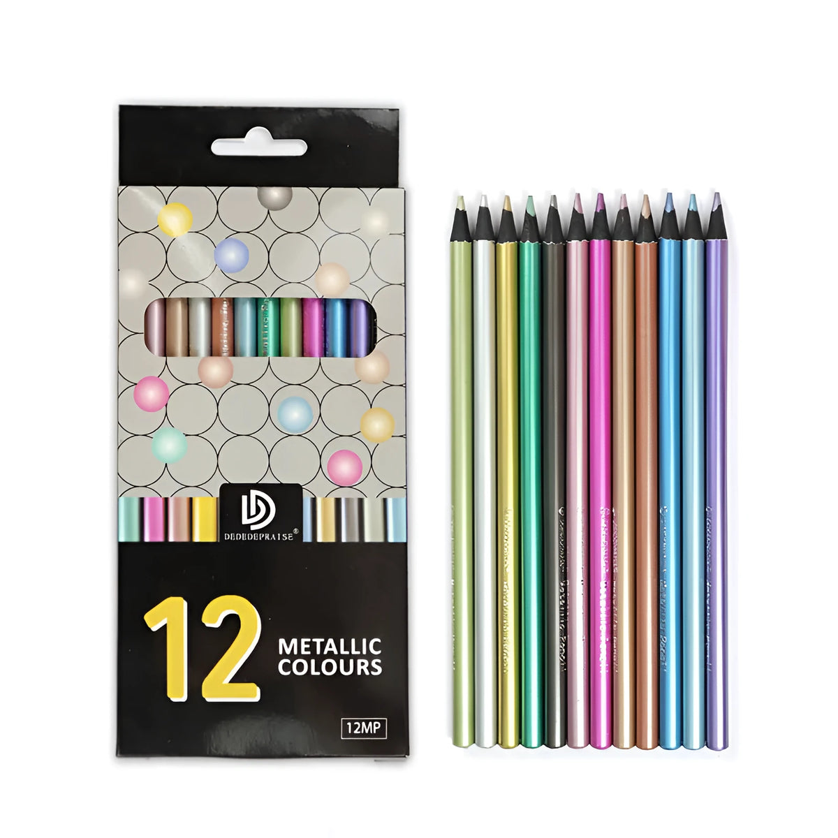 12-color metallic coloured pencils in a box with wood casing and 2B lead core