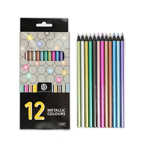 12-color metallic coloured pencils in a box with wood casing and 2B lead core
