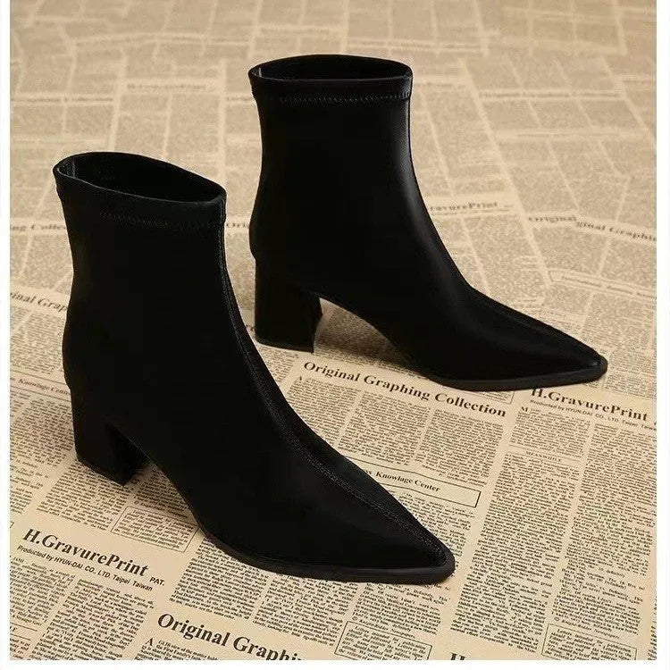 Women's khaki stretch suede pointed Martin boots with wedge heel on rubber sole