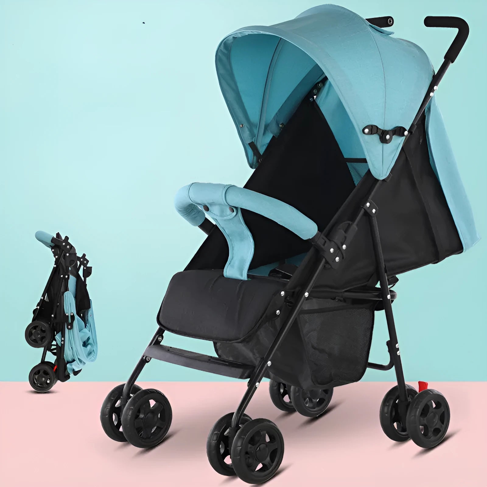 Lightweight wide and long baby stroller with carbon steel frame and sunshade in grey