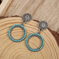 Geometric round turquoise drop earrings in antique silver alloy for women, size 2.2 cm by 4.2 cm