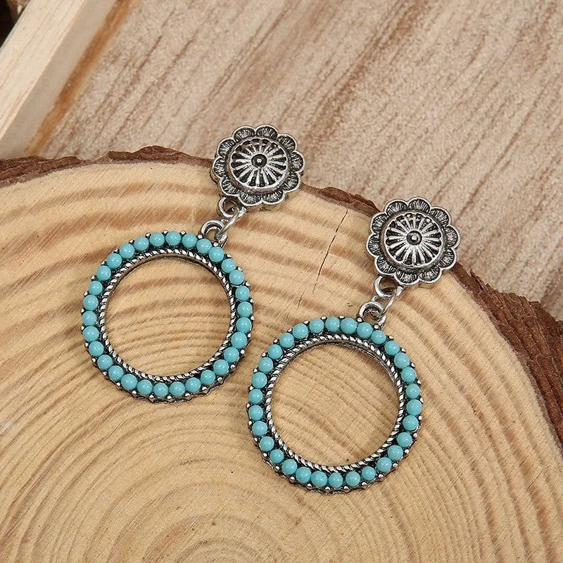 Geometric round turquoise drop earrings in antique silver alloy for women, size 2.2 cm by 4.2 cm