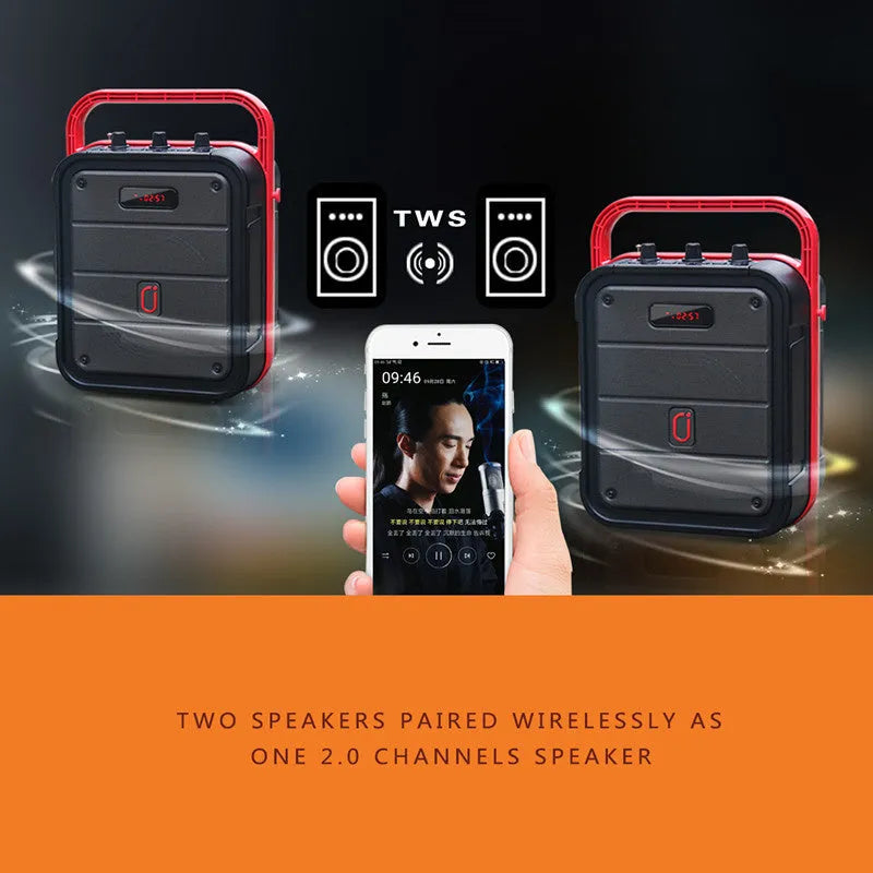 MS62AI portable Bluetooth speaker with wireless microphone on a table, showing control buttons and volume knob.
