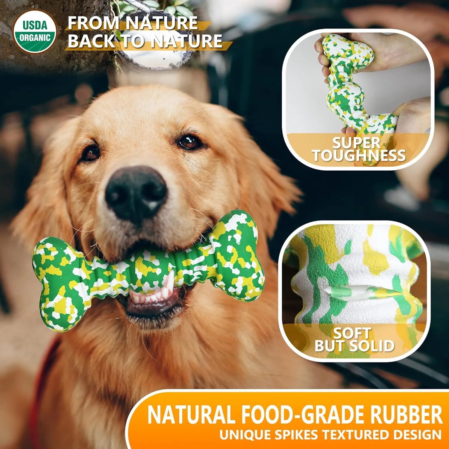 Green, white, and yellow camouflaged natural rubber bone chew toy for large dogs on a wooden surface.