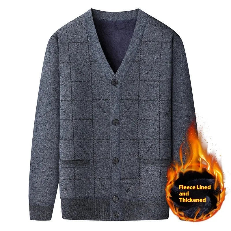 Men's grey batwing sleeve cardigan with wool lining shown on a hanger.