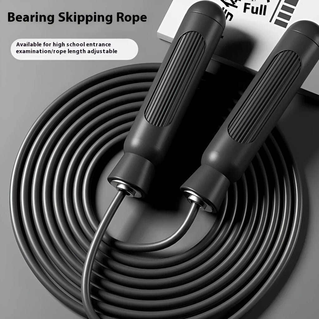 Black adjustable exam training skipping rope with wire construction and handles