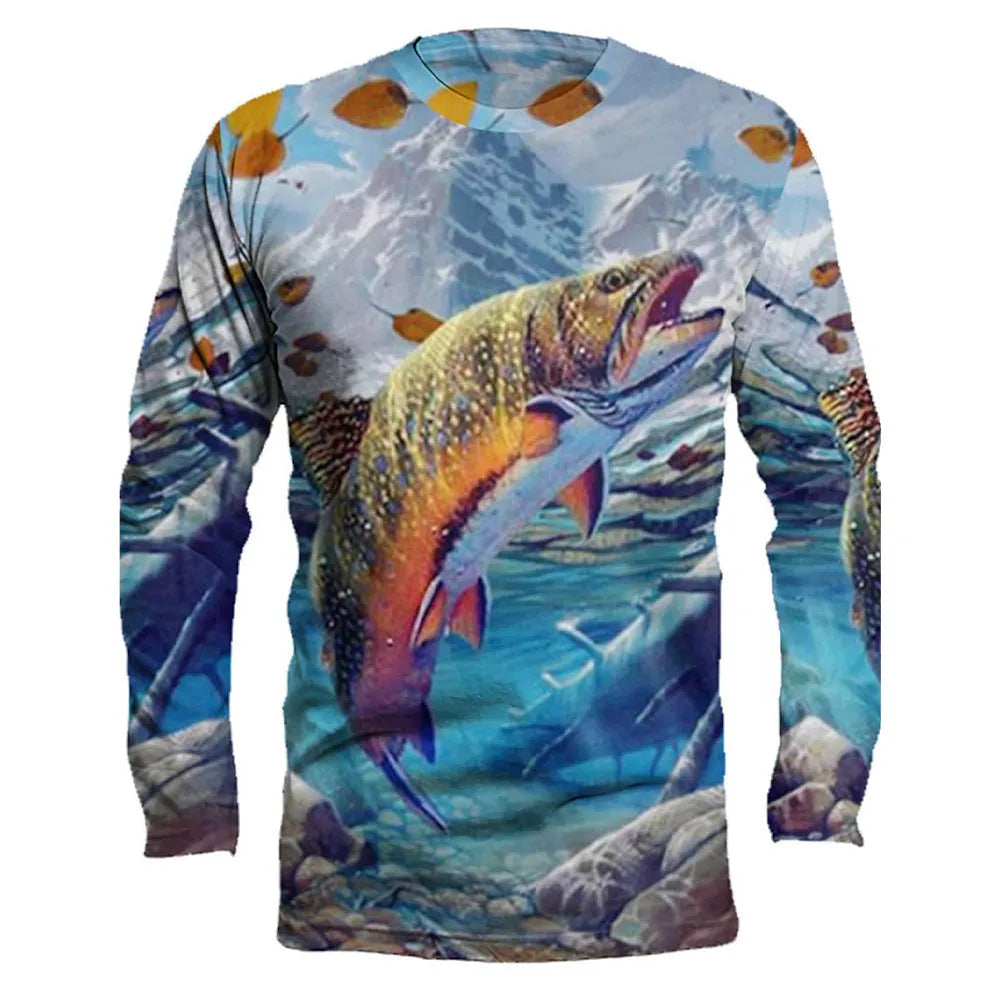 Men's milk silk fish print pullover top with round neck and long sleeves