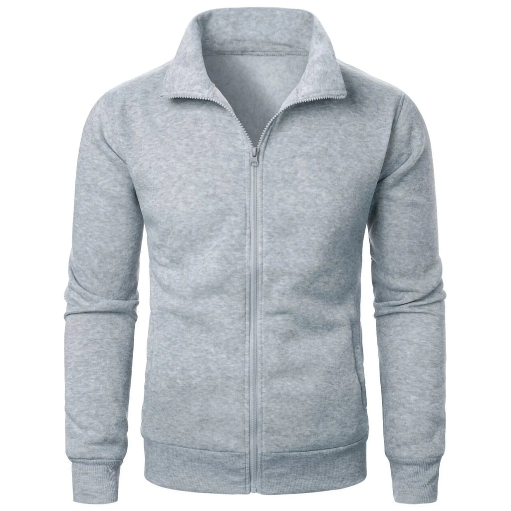 Men's black stand collar fleece-lined zipper cardigan with threaded cuffs, slim fit, long sleeves, winter sweatshirt style