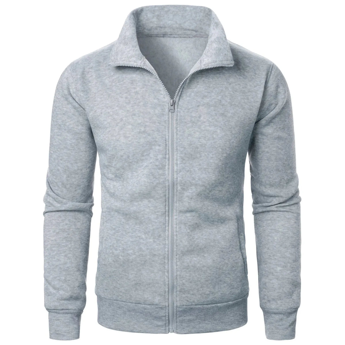 Men's black stand collar fleece-lined zipper cardigan with threaded cuffs, slim fit, long sleeves, winter sweatshirt style