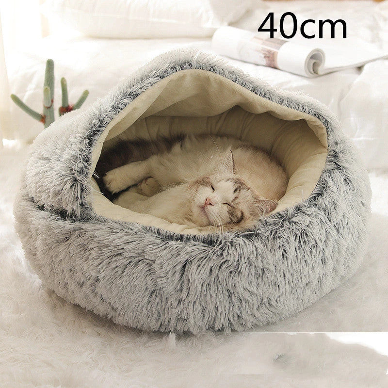 A soft, plush pet bed in various colors, including olive green, brown, pink, and grey, designed for the comfort and relaxation of cats and dogs.