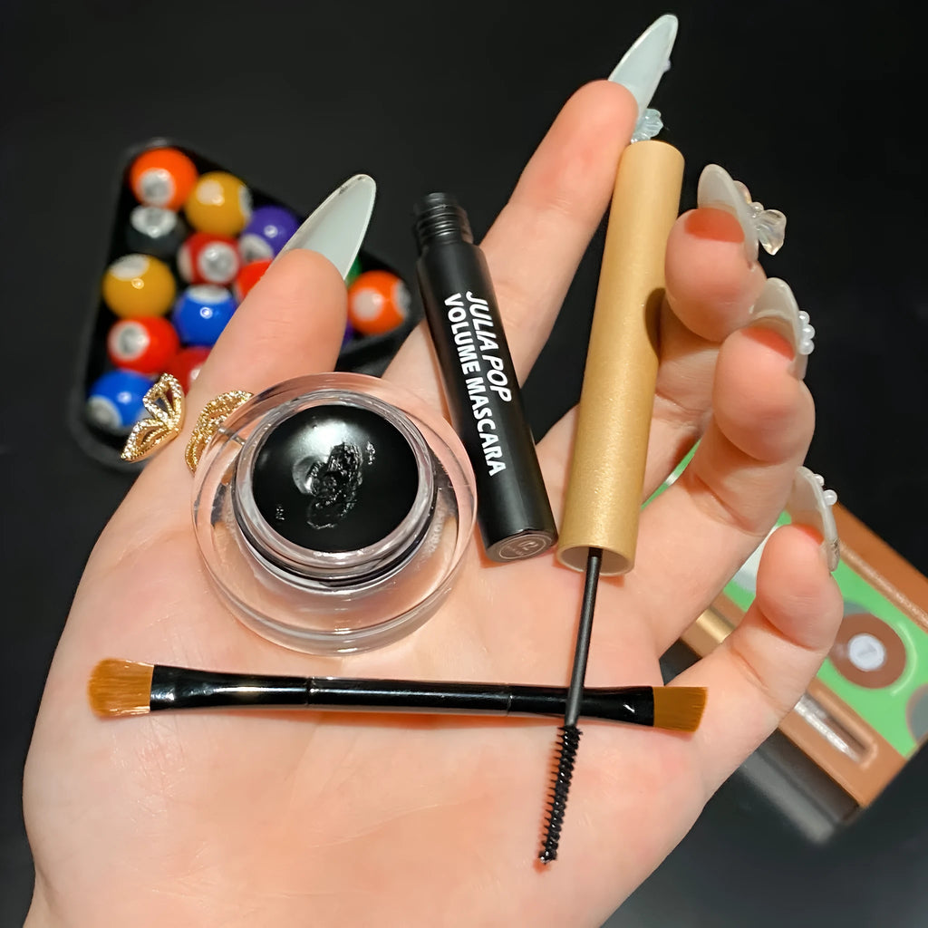 Waterproof smudge-free mascara and eyeliner set with applicator brush in Black and Brown