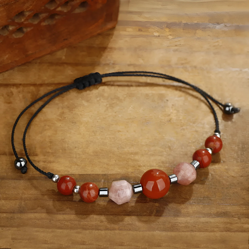 Geometric red crystal bracelet with sunstone, redstone and copper beads handcrafted design