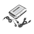 Silver USB cassette to MP3 converter unit with USB cable on a white background.