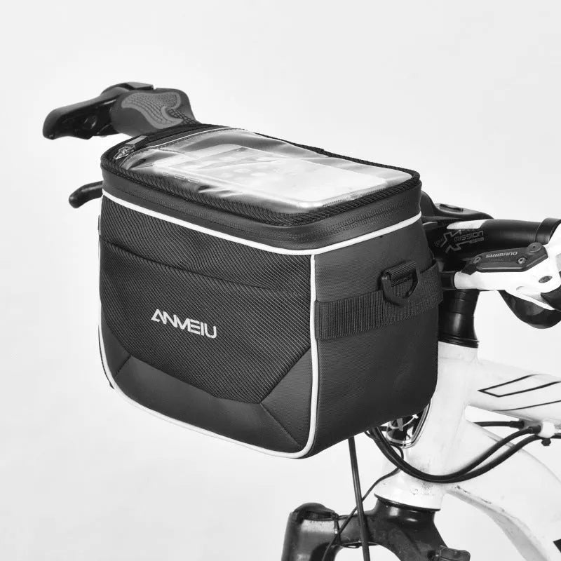 Black 7 inch polyester bicycle handlebar bag mounted on bike