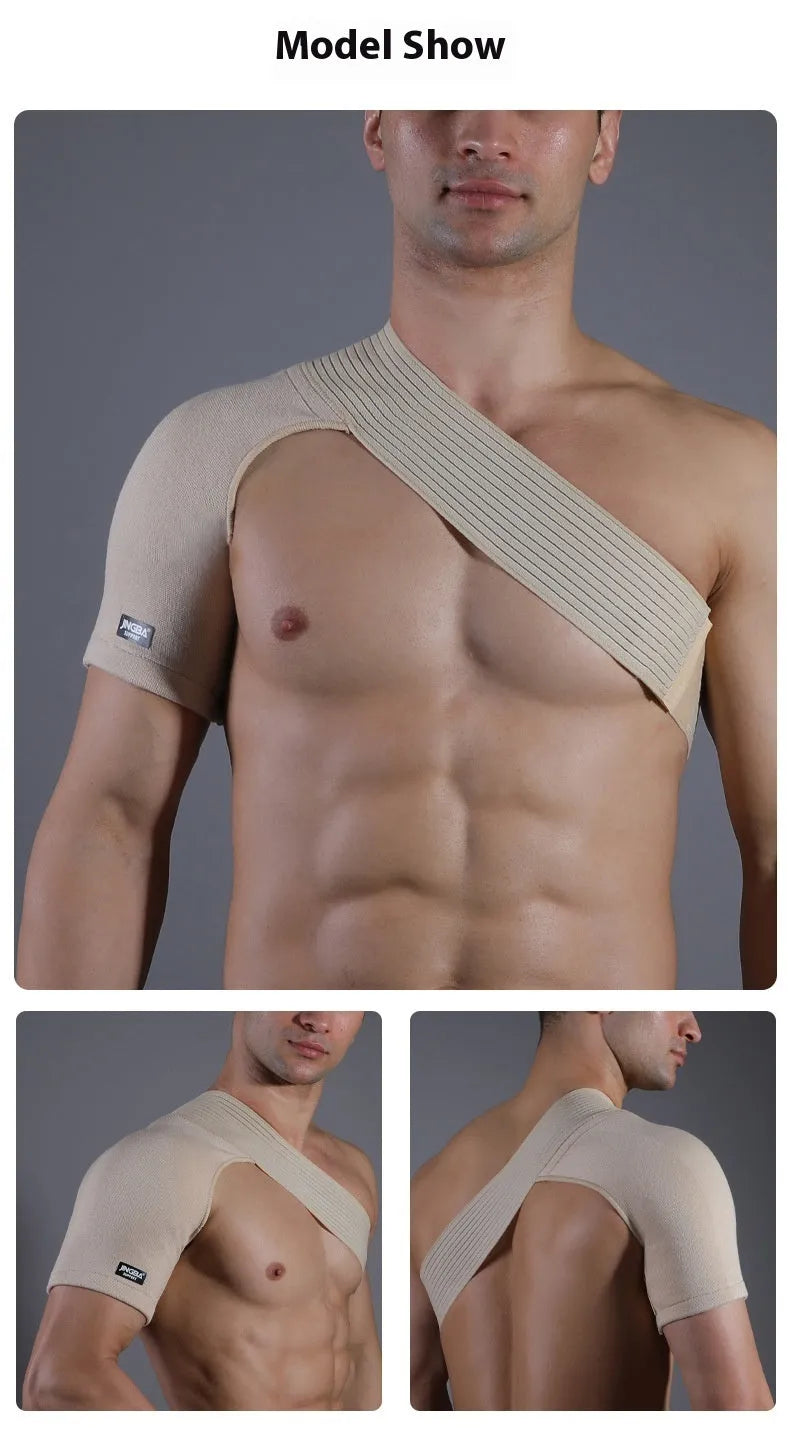 Adjustable skin-colour sports protective shoulder strap shown on a mannequin.