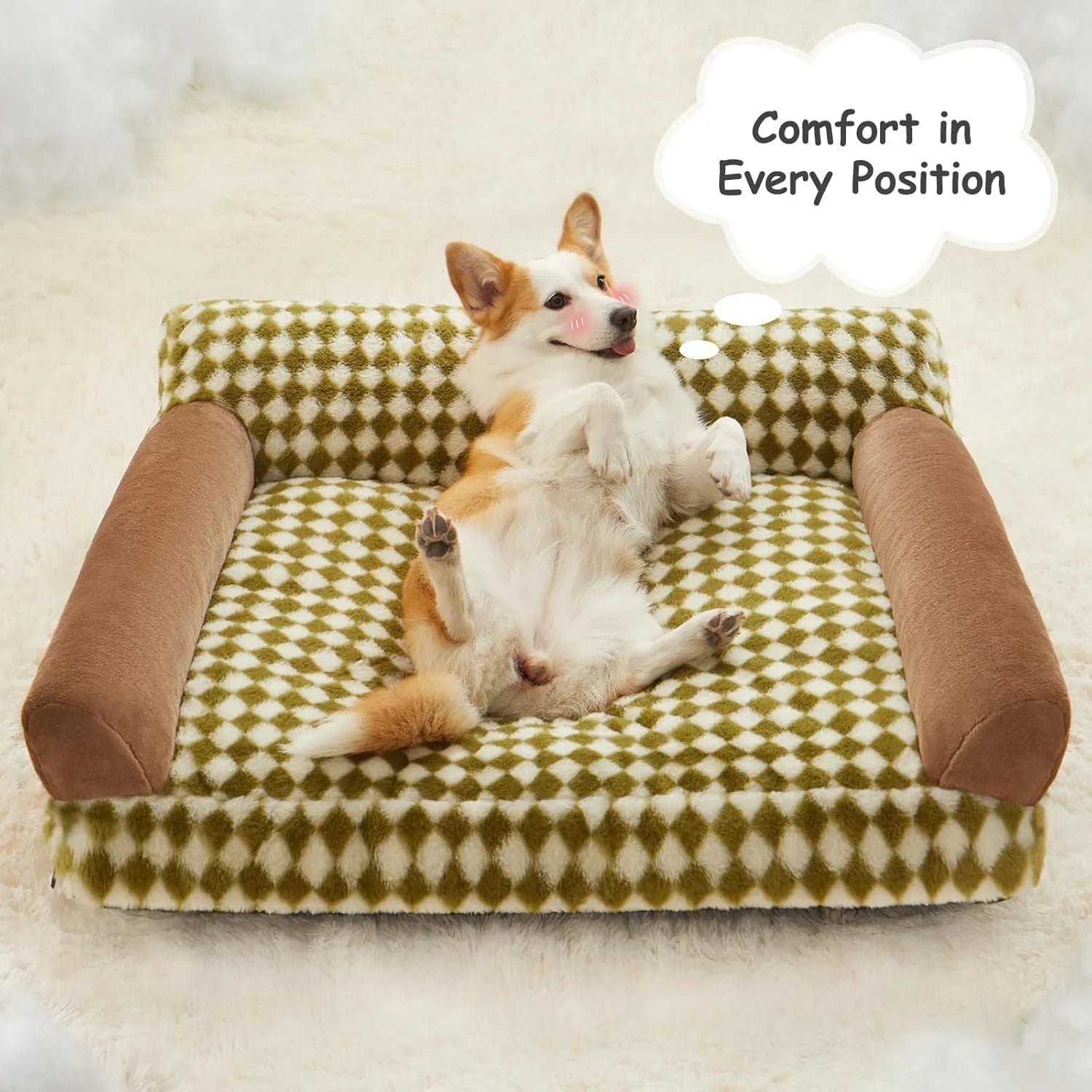 Small grey and white checkered pet sofa bed for a cat, showing non-slip bottom and removable cover.