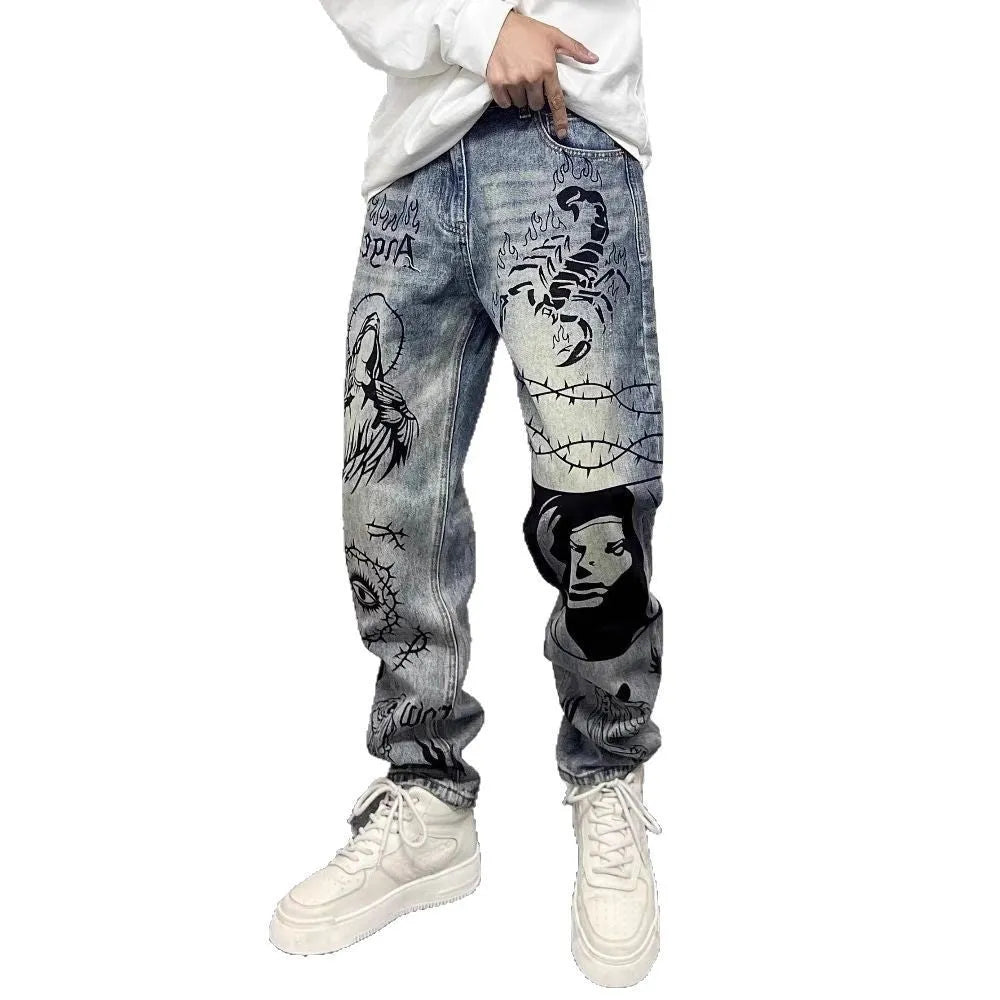 Slightly pulled doodle hand drawn dirty gradual change black to grey low waist jeans