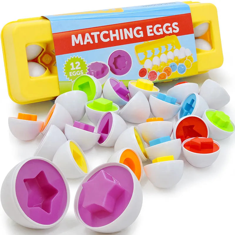 12 shape matching eggs toy set in green plastic with storage case, educational toy for children 3-6 years