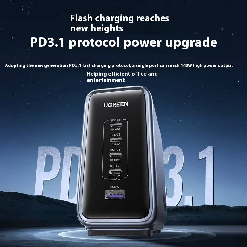 300W charging notebook charger head in Business Gray with 4C 1A interfaces, includes power cord and dual USB-C cable
