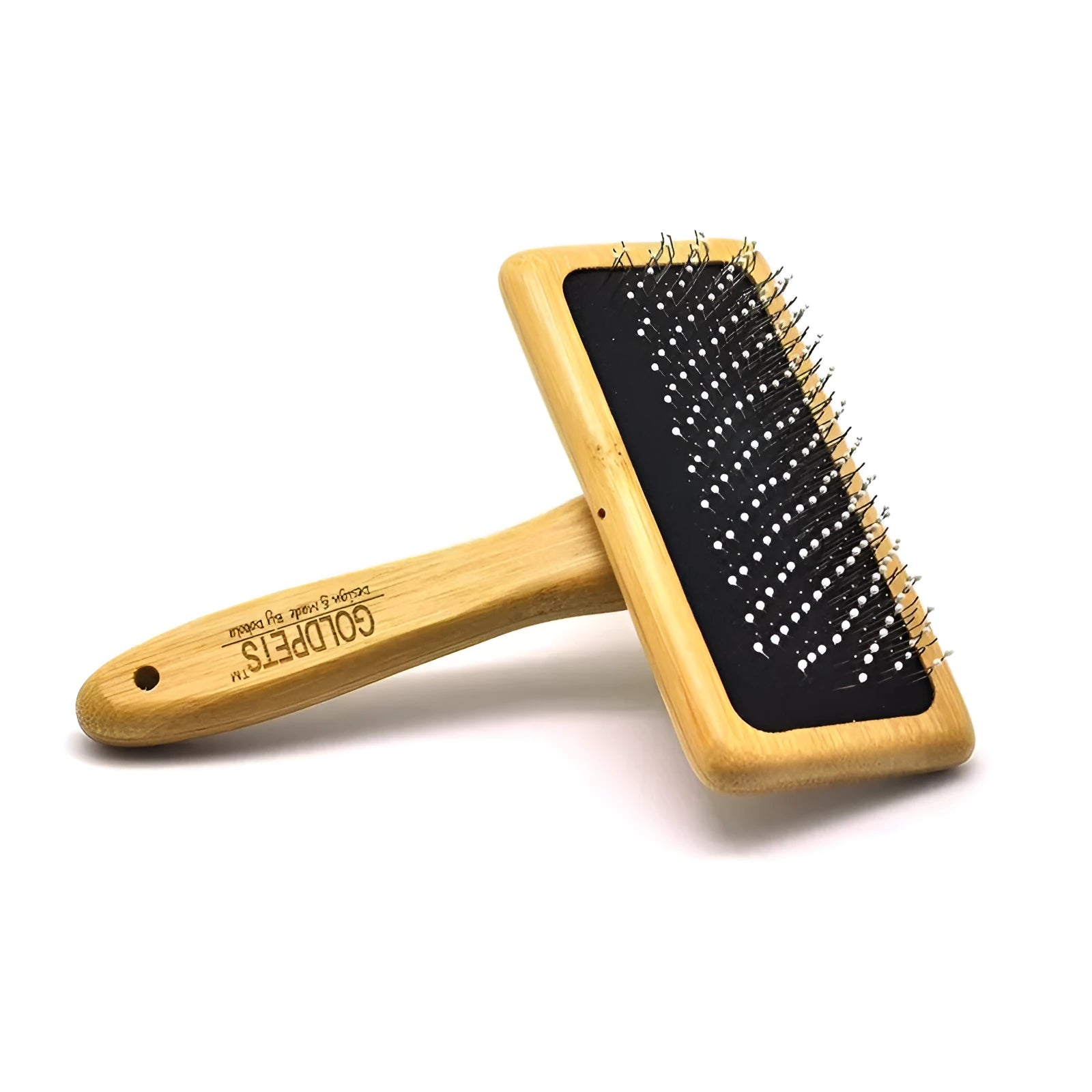 Goldpets bamboo handle pet slicker brush with stainless steel pins for grooming cats and dogs.