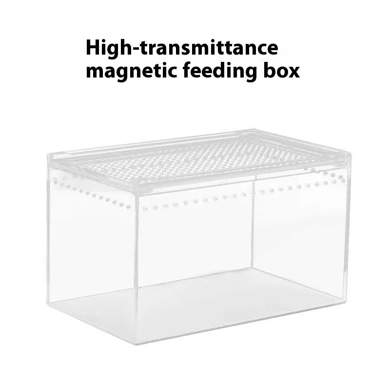 Transparent acrylic reptile feeding box enclosure for pet lizards or snakes.