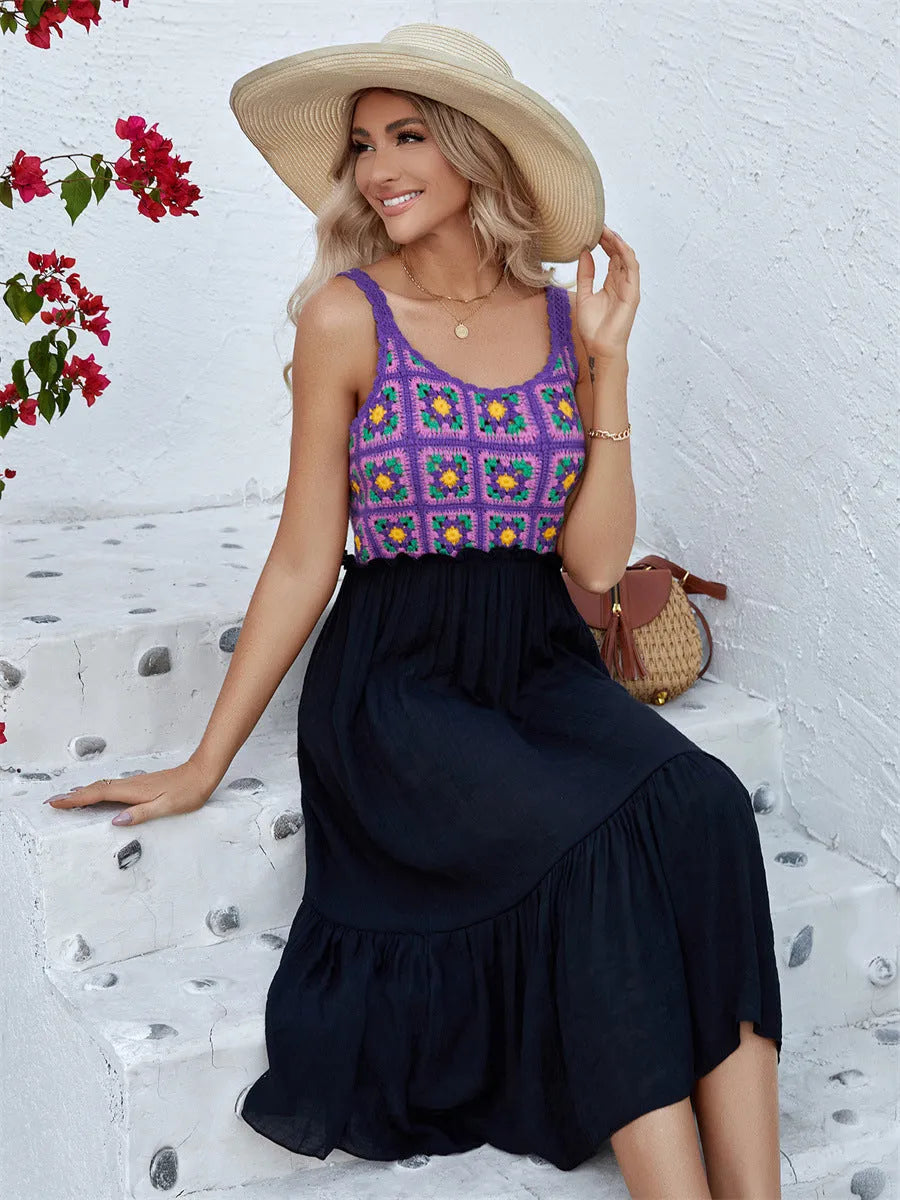 Purple hand-hooked floral stitching sleeveless dress for adult women in free size