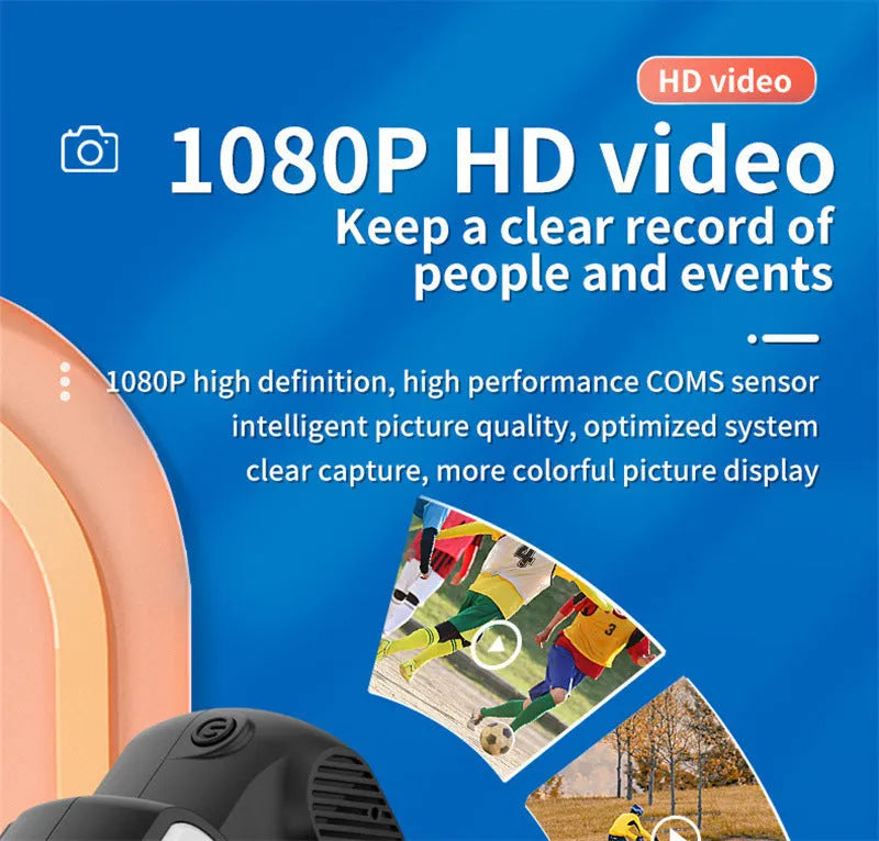 Black retro mini camera with screen displaying 1080p HD video recording capability