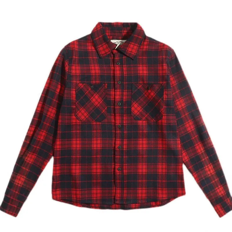 Men's thickened double pocket overalls long sleeve shirt in plaid pattern, loose cardigan fit, spandex blend, available in yellow