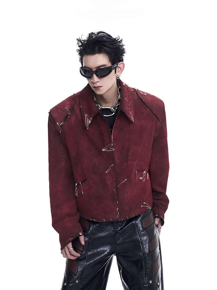 Red men's quilted jacket with decorative pin design and lapel collar, loose fit styling