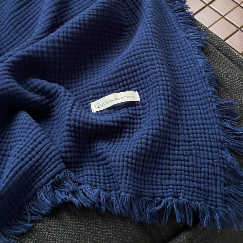 Four-layer cotton tassel blanket in navy blue, 130x170cm, chenille bedding breakdown, European style