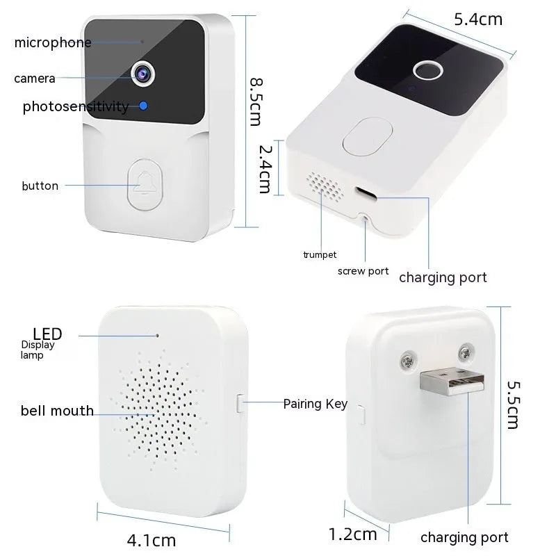 Wireless video doorbell in black or white with 850N night vision, 1000mAh battery, 85x54x24mm, for home security.