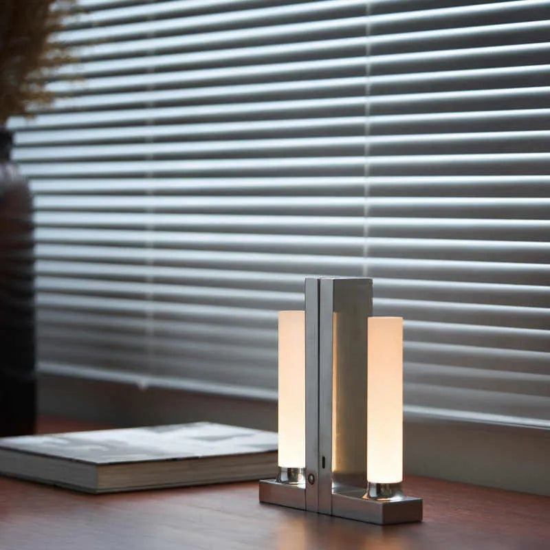 LED table lamp bookend in polished aluminium wood colour, 260mm tall, with acrylic and aluminium body and Type-C charging