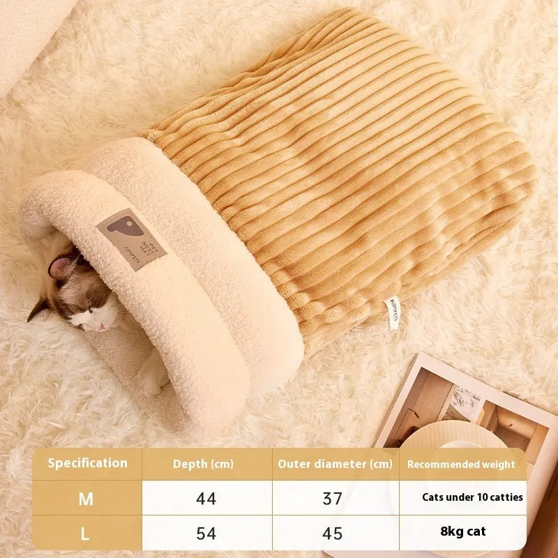 Brown semi-enclosed pet sleeping bag with plush interior for cats and dogs