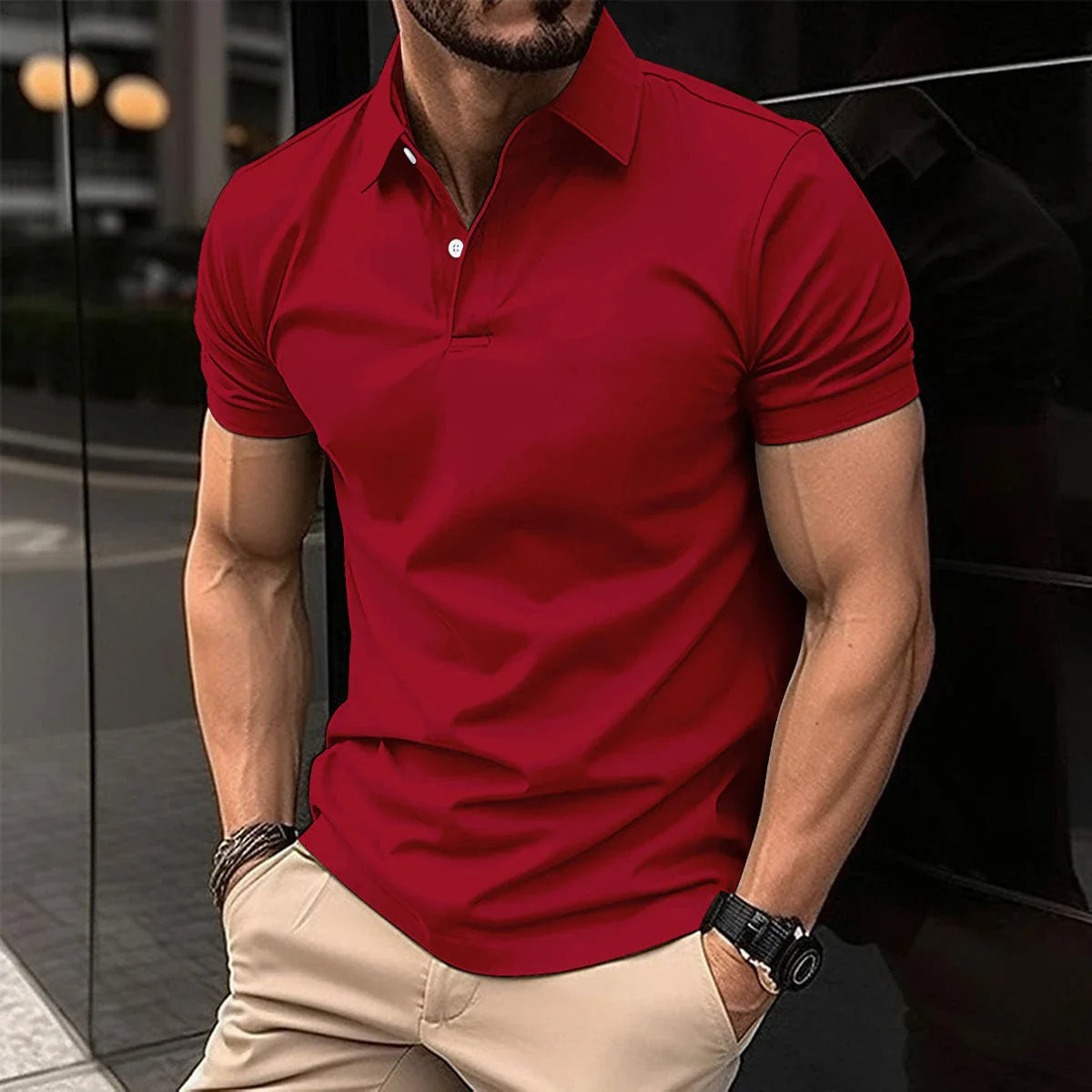 Men's short sleeve polo shirt in various solid color options, featuring a button-down collar and comfortable cotton-blend fabric