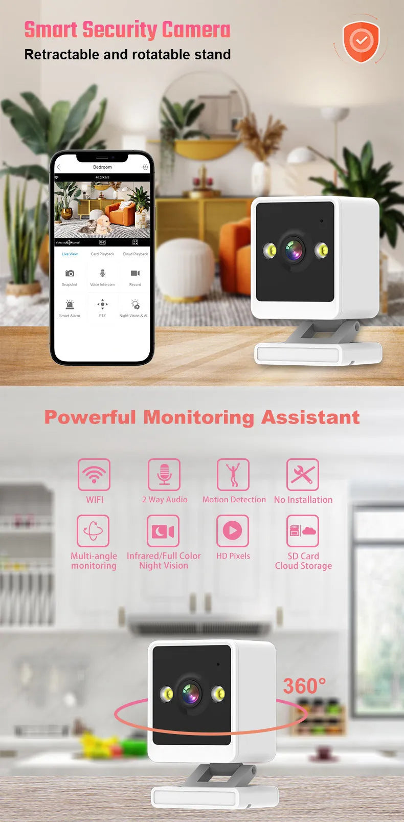 Wireless WiFi surveillance camera, 13.5x10.5x10cm, 720p night vision, for indoor and outdoor home office use