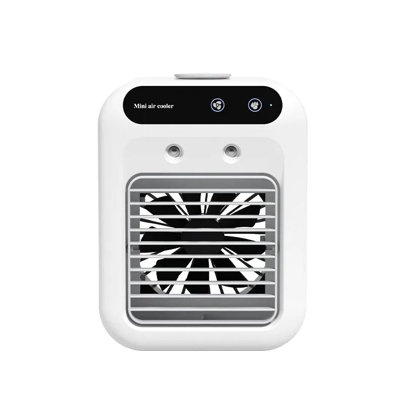 Compact ivory white portable USB air cooler with touchscreen display on a desk.