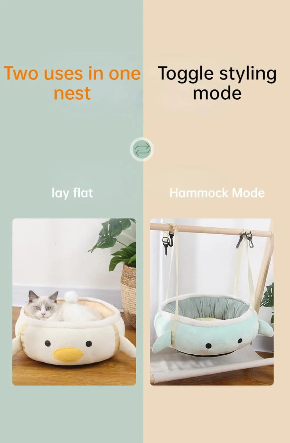 Green chick and dinosaur shaped plush cat bed shown both lying flat and hanging as a hammock.