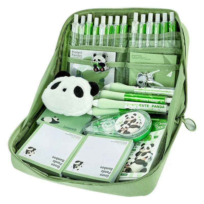 Green canvas pencil case with panda design showing 12-layer compartments open